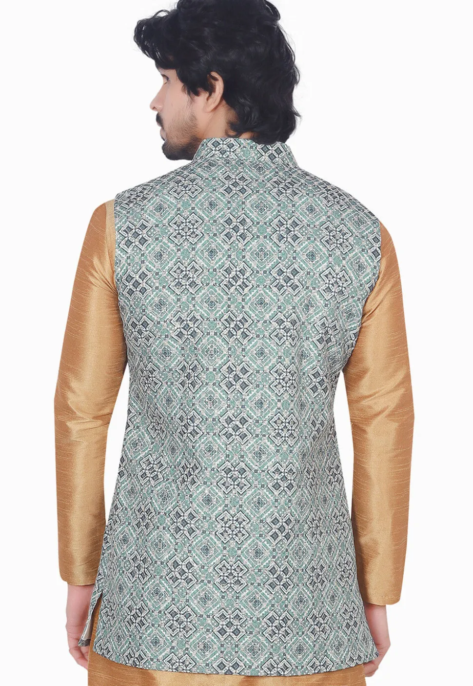 Digital Printed Rayon Long Nehru Jacket in Sea Green