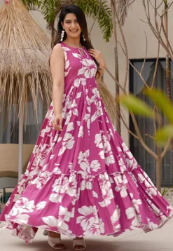Digital Printed Rayon Maxi Dress in Pink