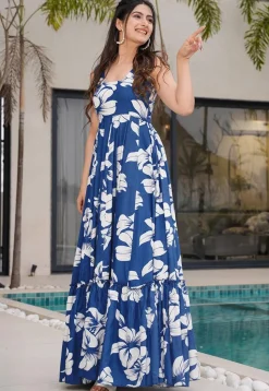 Digital Printed Rayon Maxi Dress in Blue