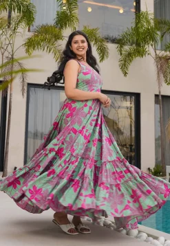 Digital Printed Rayon Maxi Dress in Green