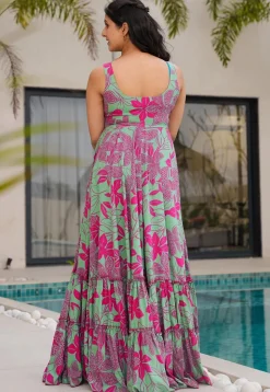 Digital Printed Rayon Maxi Dress in Green