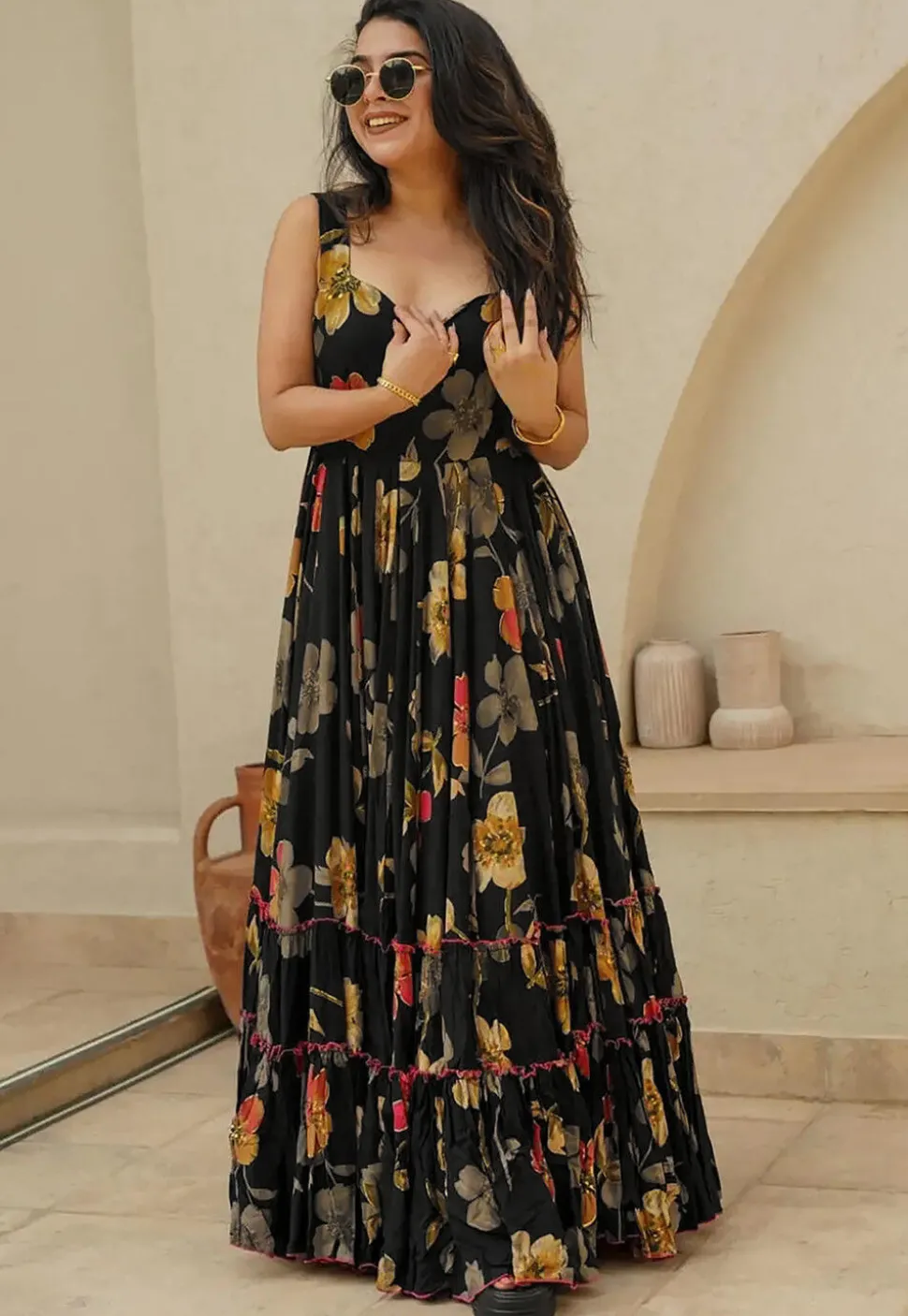 Digital Printed Rayon Maxi Dress in Black