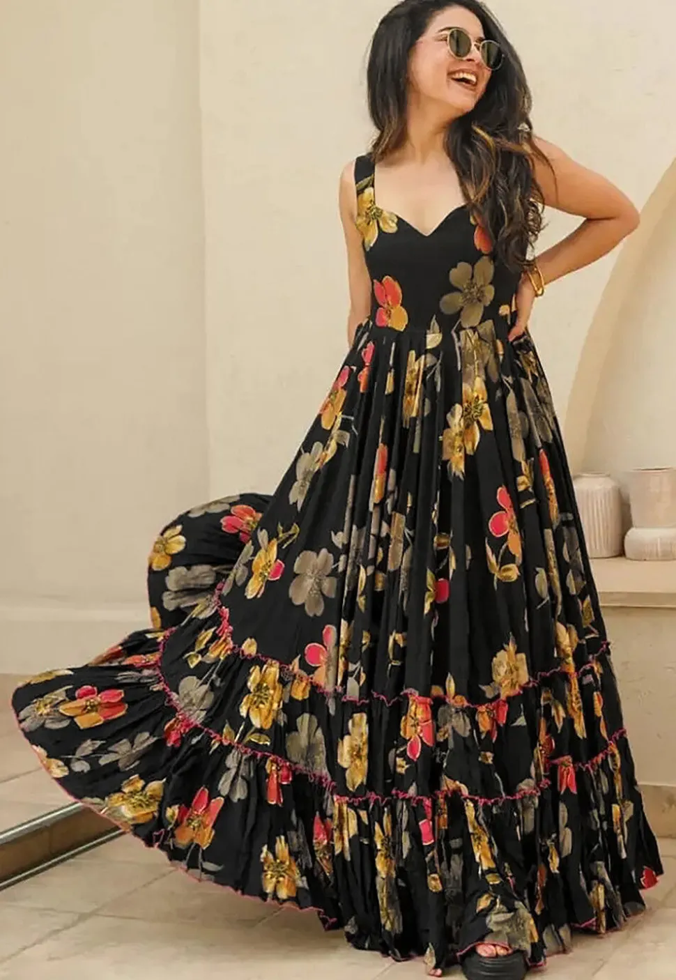 Digital Printed Rayon Maxi Dress in Black