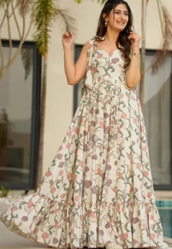 Digital Printed Rayon Maxi Dress in Cream