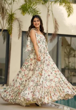 Digital Printed Rayon Maxi Dress in Cream