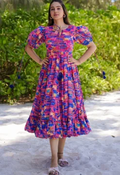 Digital Printed Rayon Midi Dress in Pink