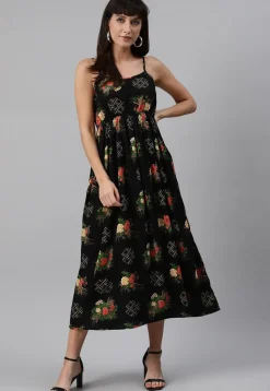 Digital Printed Rayon Midi Dress in Black