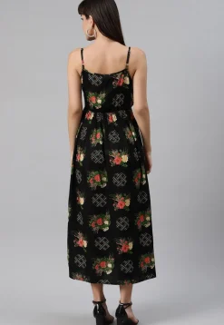 Digital Printed Rayon Midi Dress in Black