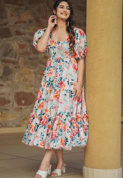 Digital Printed Rayon Midi Dress in Off White