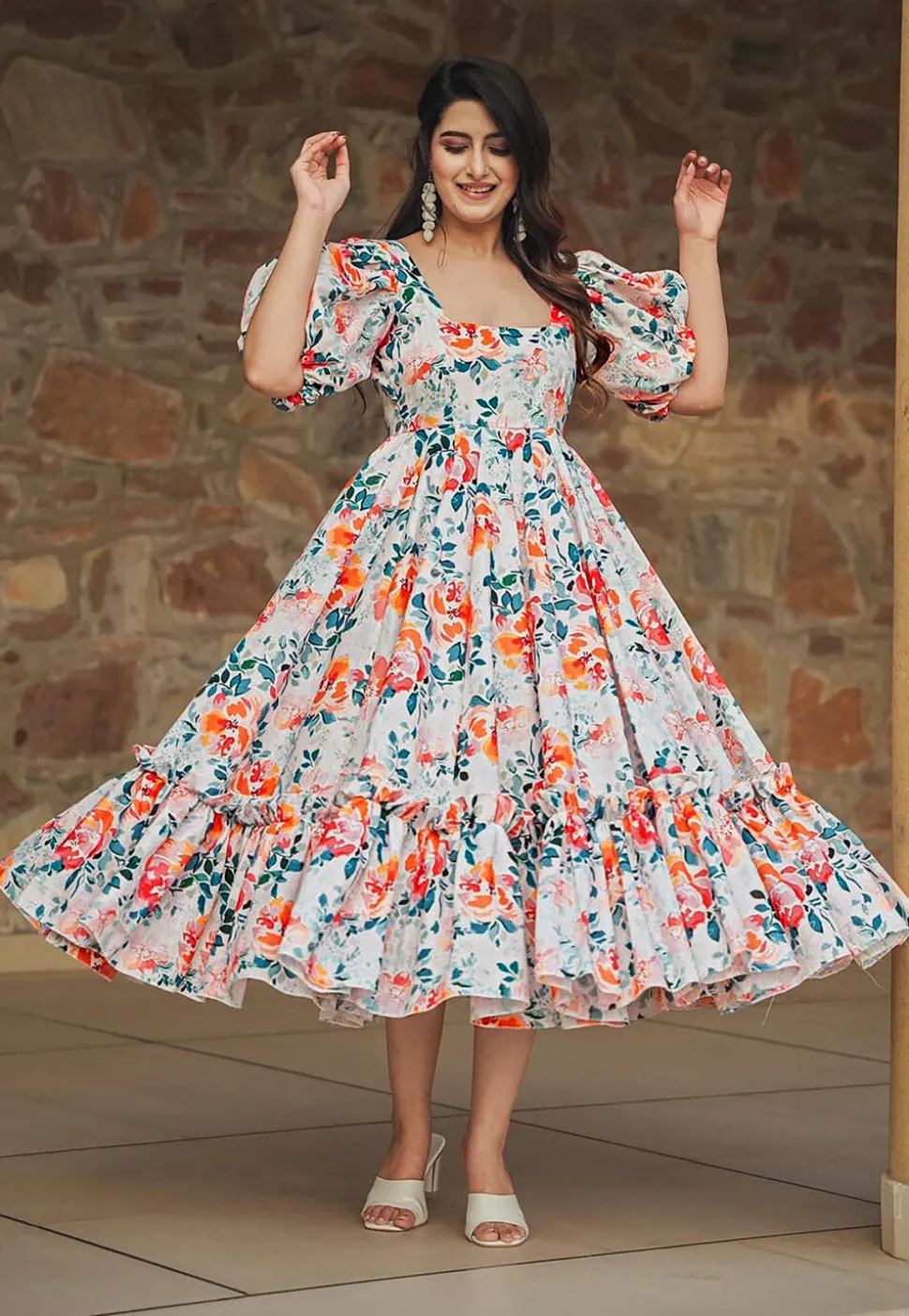 Digital Printed Rayon Midi Dress in Off White