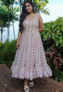 Digital Printed Rayon Midi Dress in Off White