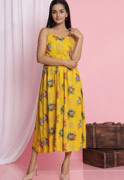 Digital Printed Rayon Midi Dress in Yellow