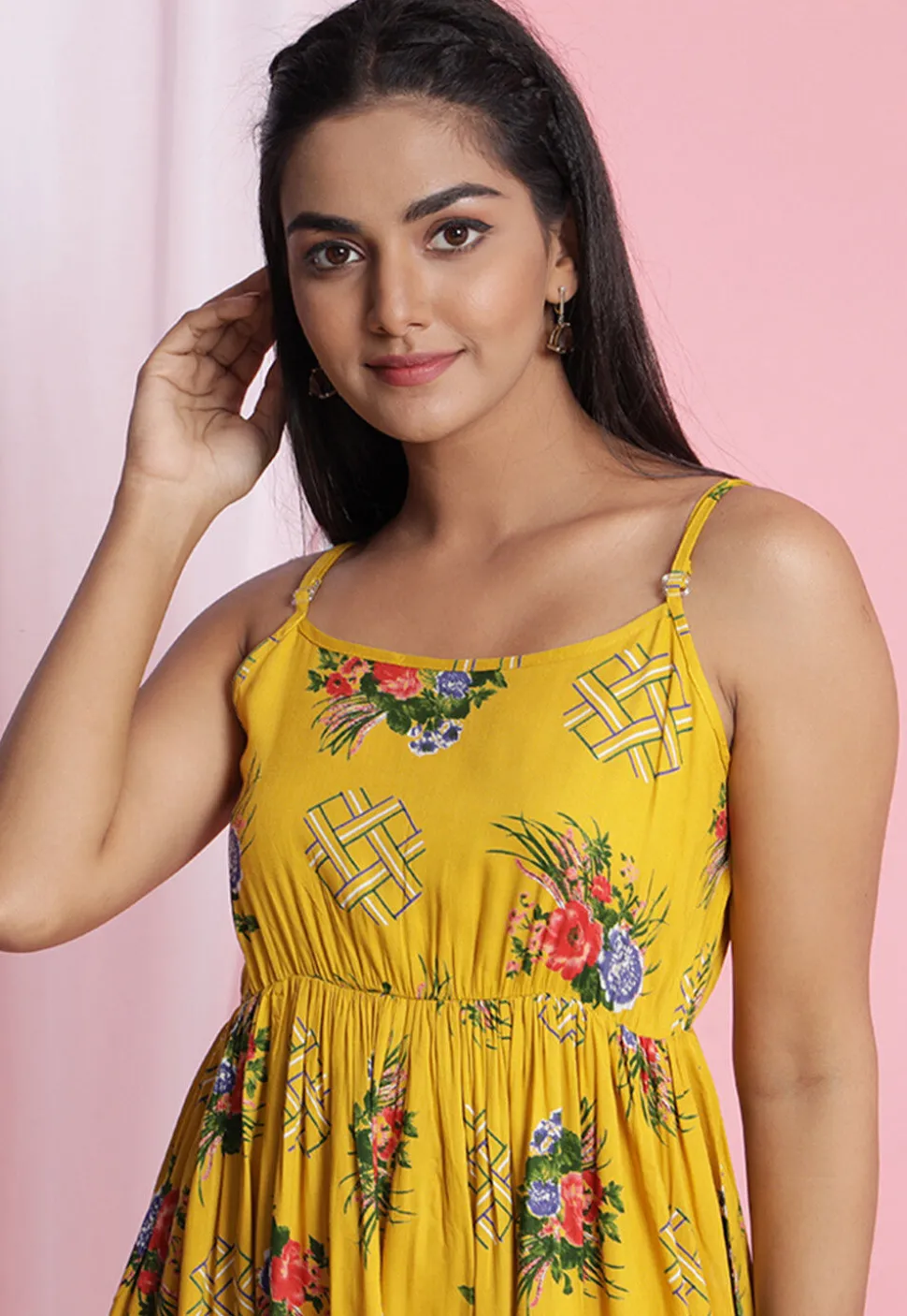 Digital Printed Rayon Midi Dress in Yellow