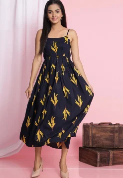 Digital Printed Rayon Midi Dress in Navy Blue