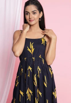 Digital Printed Rayon Midi Dress in Navy Blue