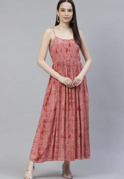 Digital Printed Rayon Midi Dress in Peach
