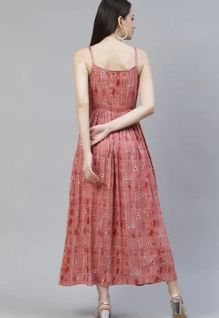 Digital Printed Rayon Midi Dress in Peach