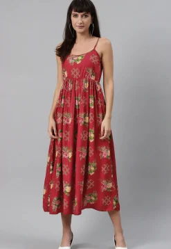 Digital Printed Rayon Midi Dress in Red