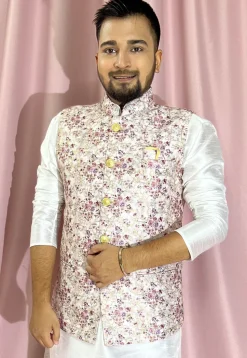 Digital Printed Rayon Nehru Jacket in Off White