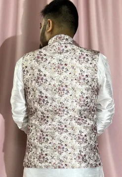 Digital Printed Rayon Nehru Jacket in Off White