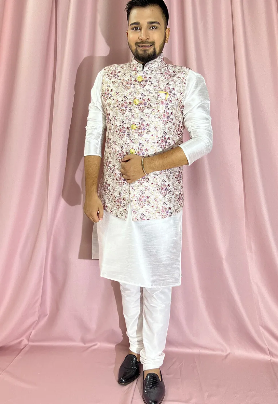 Digital Printed Rayon Nehru Jacket in Off White