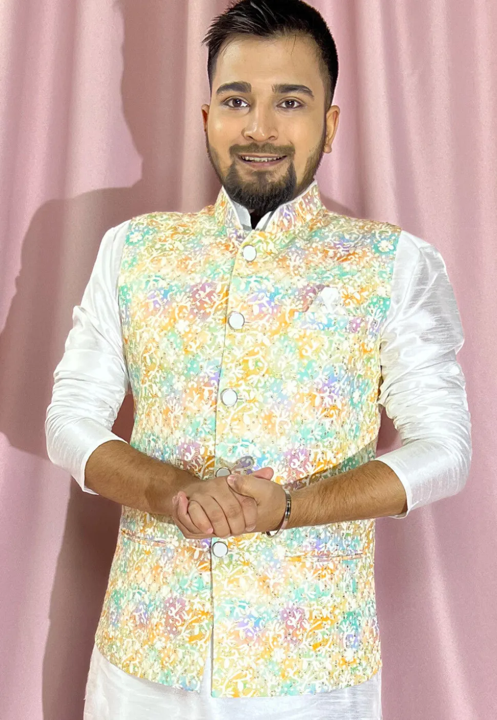 Digital Printed Rayon Nehru Jacket in Multicolor