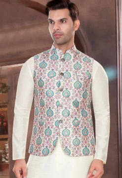 Digital Printed Rayon Nehru Jacket in White and Multicolor