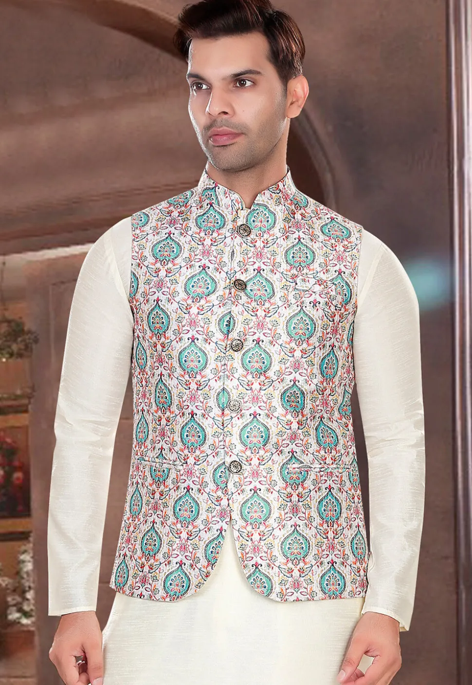 Digital Printed Rayon Nehru Jacket in White and Multicolor
