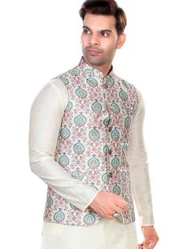 Digital Printed Rayon Nehru Jacket in White and Multicolor