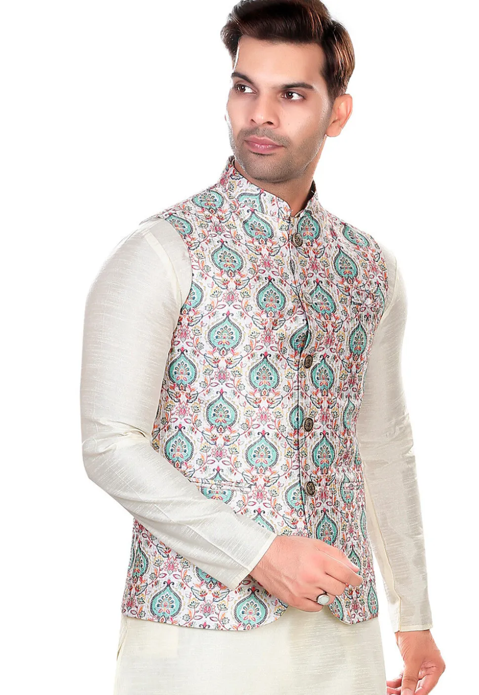 Digital Printed Rayon Nehru Jacket in White and Multicolor