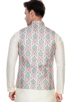Digital Printed Rayon Nehru Jacket in White and Multicolor