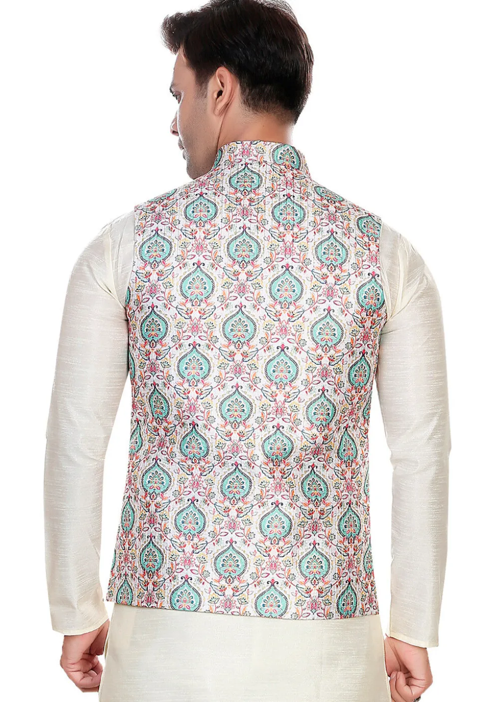 Digital Printed Rayon Nehru Jacket in White and Multicolor