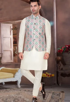 Digital Printed Rayon Nehru Jacket in White and Multicolor