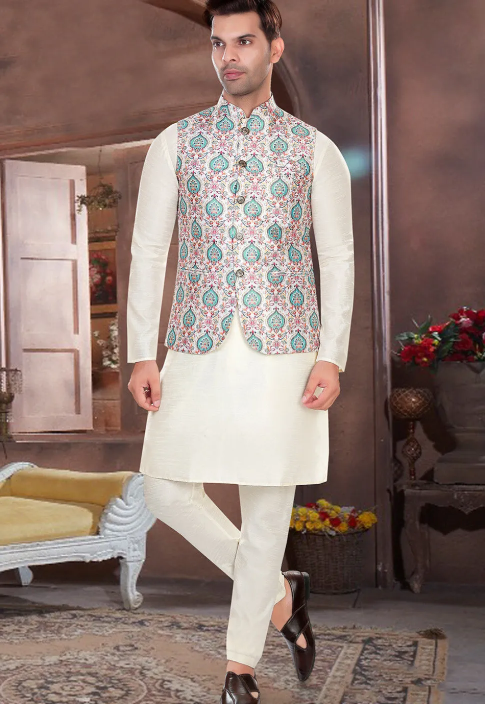 Digital Printed Rayon Nehru Jacket in White and Multicolor