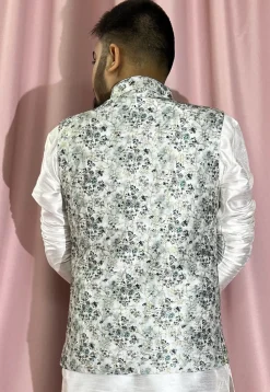 Digital Printed Rayon Nehru Jacket in Off White
