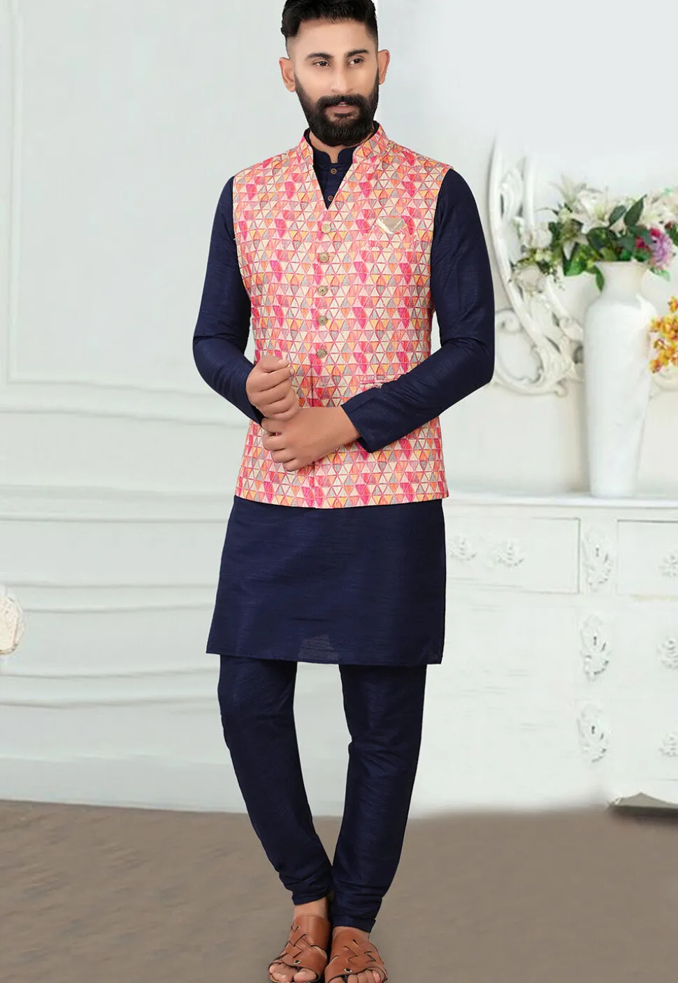 Digital Printed Rayon Nehru Jacket in Multicolor