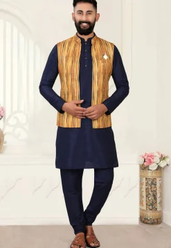 Digital Printed Rayon Nehru Jacket in Mustard