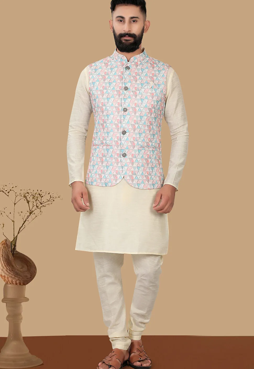 Digital Printed Rayon Nehru Jacket in Multicolor