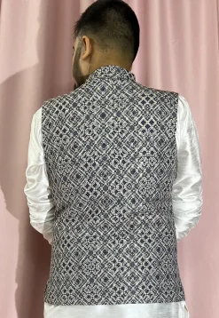 Digital Printed Rayon Nehru Jacket in Navy Blue