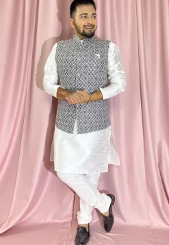 Digital Printed Rayon Nehru Jacket in Navy Blue