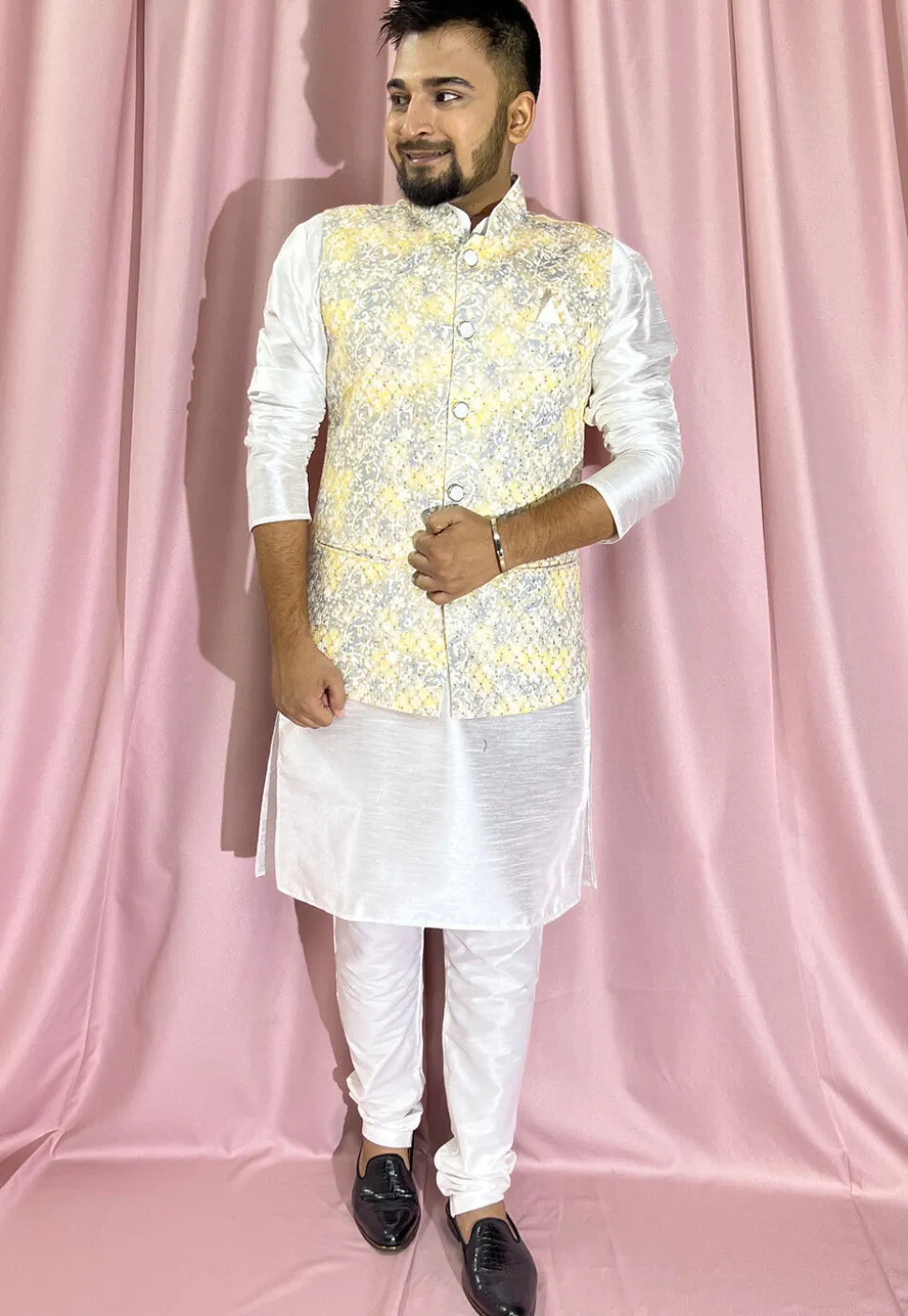 Digital Printed Rayon Nehru Jacket in Yellow and Grey