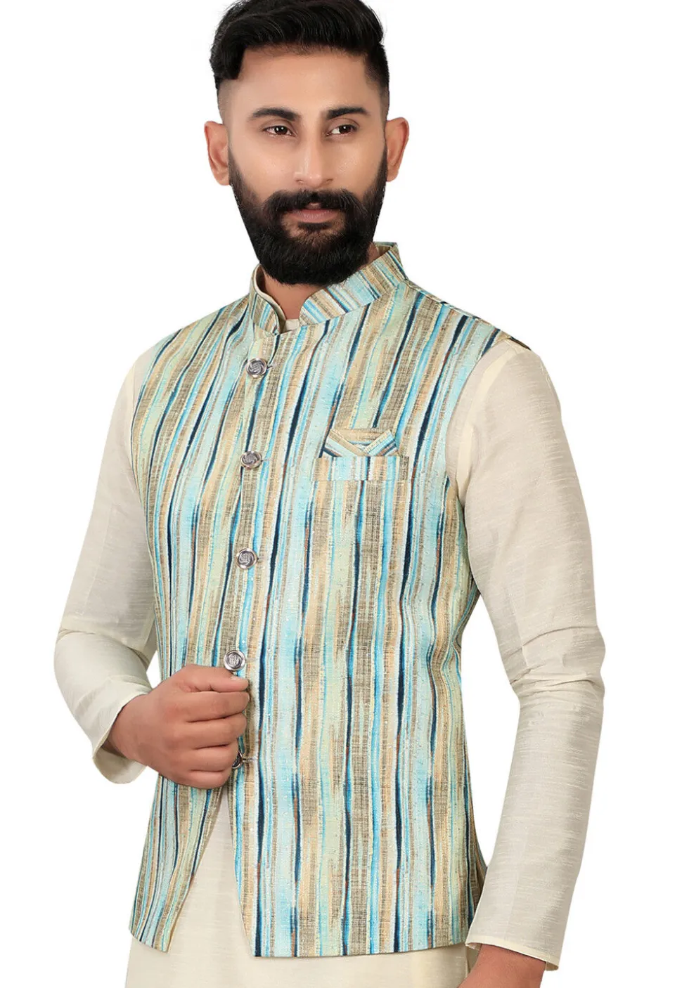 Digital Printed Rayon Nehru Jacket in Multicolor