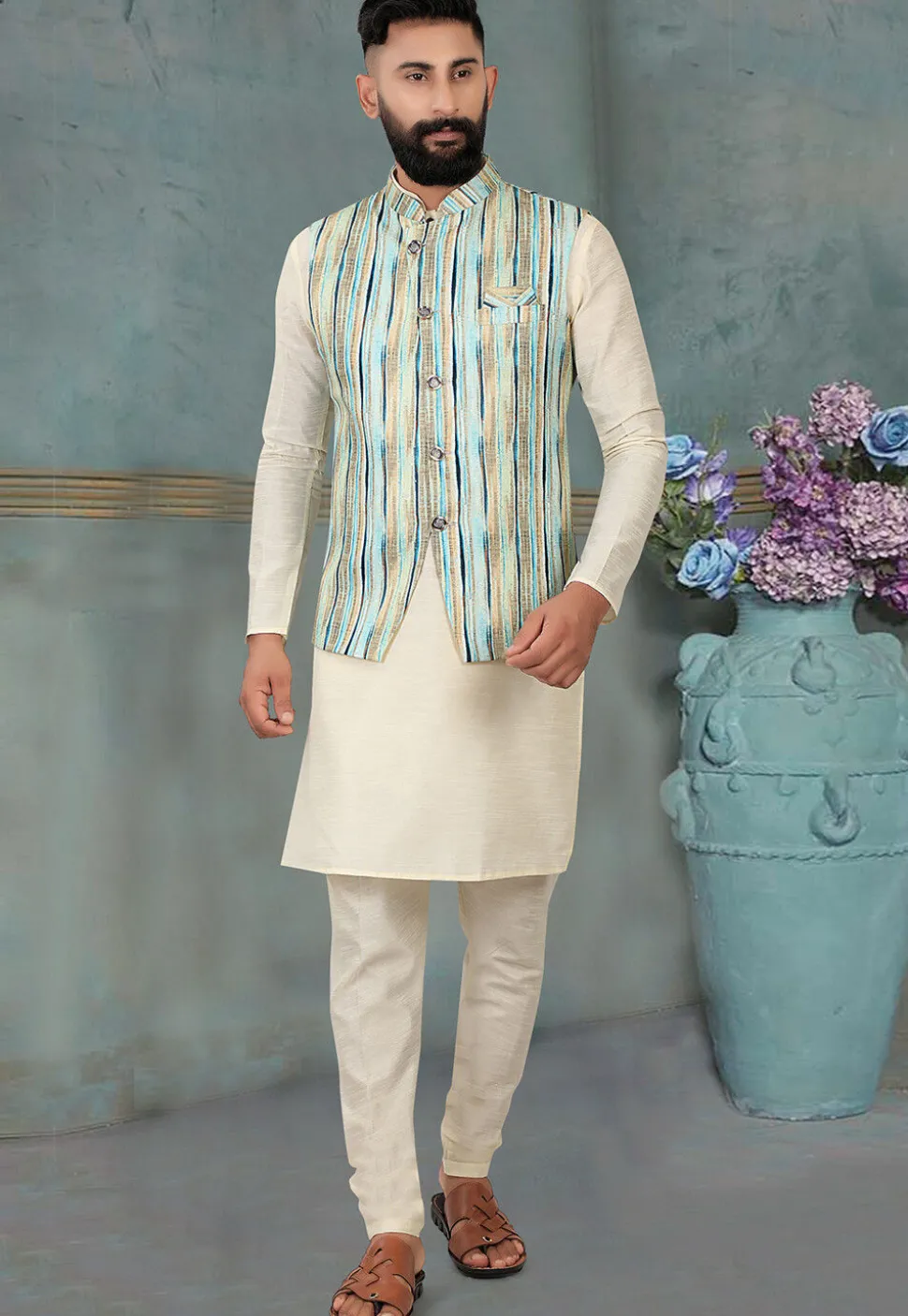 Digital Printed Rayon Nehru Jacket in Multicolor