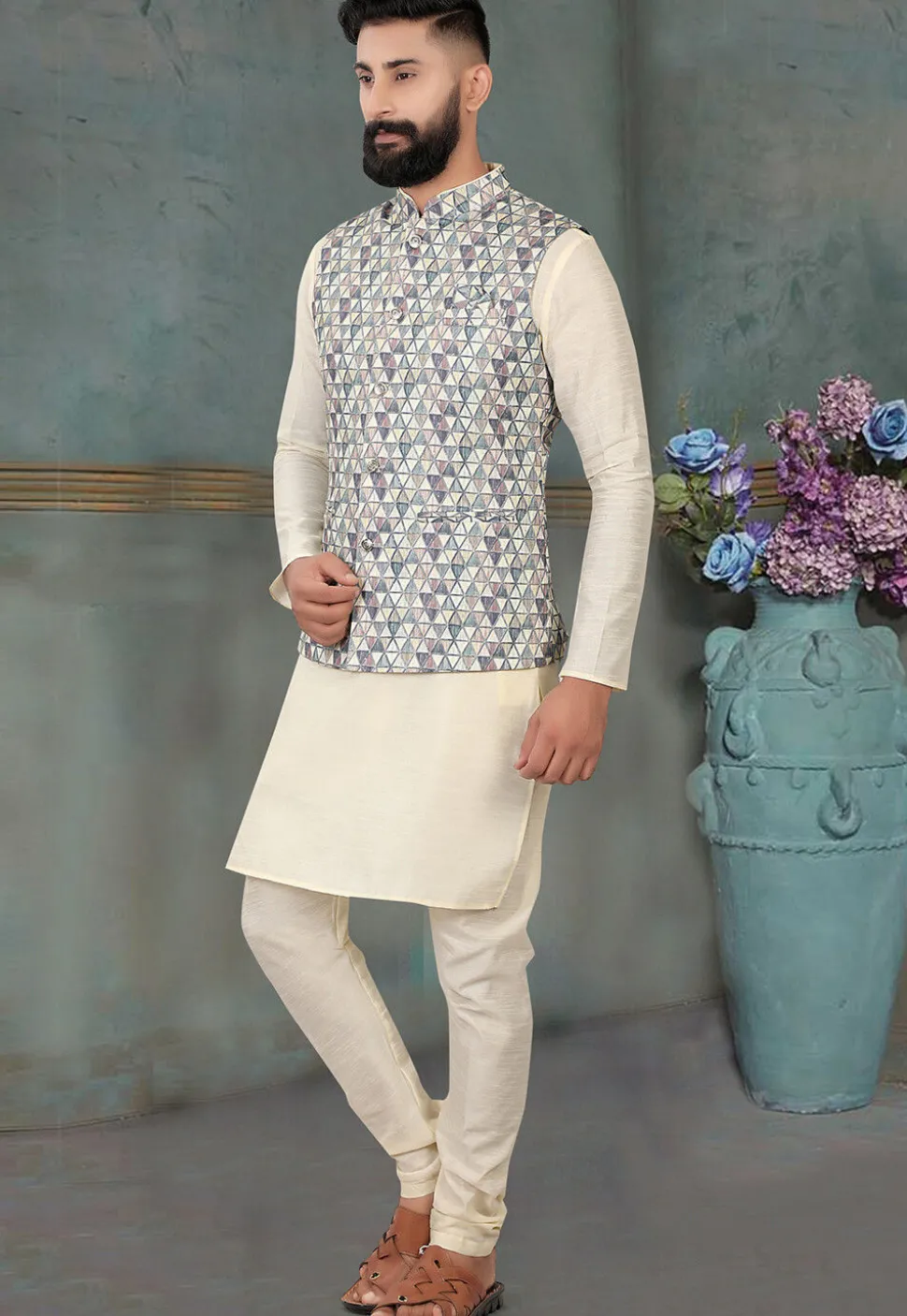 Digital Printed Rayon Nehru Jacket in Multicolor