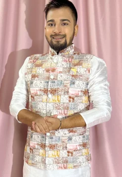 Digital Printed Rayon Nehru Jacket in Multicolor
