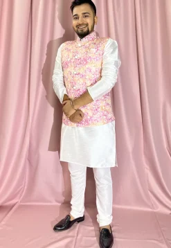 Digital Printed Rayon Nehru Jacket in Pink
