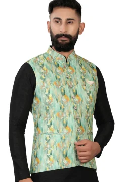 Digital Printed Rayon Nehru Jacket in Light Green