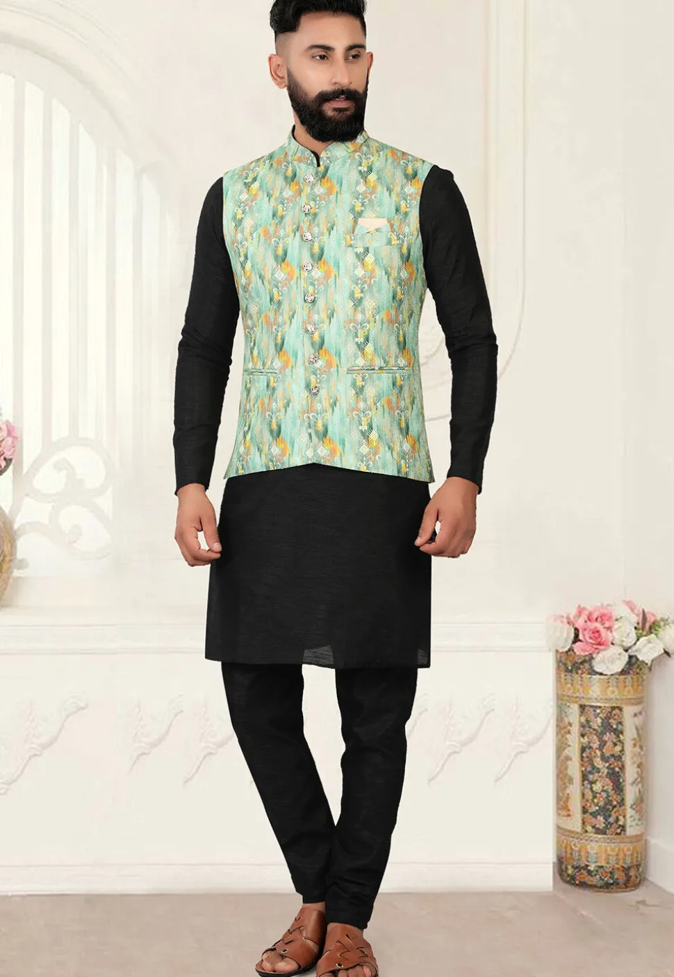 Digital Printed Rayon Nehru Jacket in Light Green