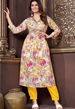 Digital Printed Rayon Punjabi Suit in Cream