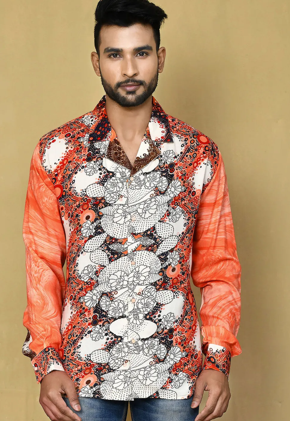 Digital Printed Rayon Shirt in Orange and White
